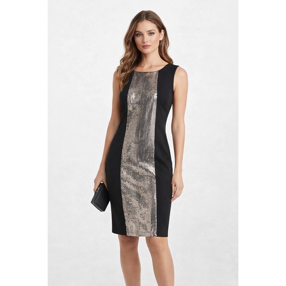 Black Saks Fifth Avenue Bodycon Dress Metallic Panel Sleeveless Party‎ 8